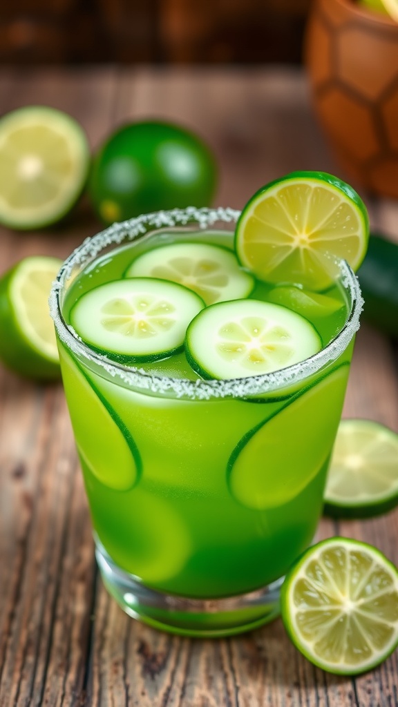 Cucumber margarita with a salt rim, garnished with cucumber and lime on a wooden table.